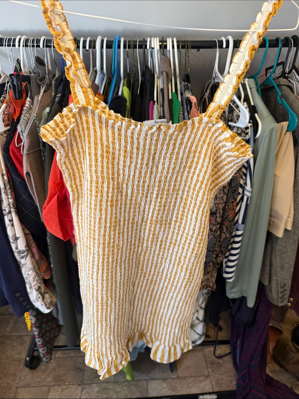 Bershka Mustard & White Striped Smocked Tube mini dress